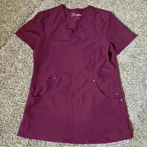Zinnia Scrub Top Womens Burgundy V-neck Short Sleeve XS- EUC